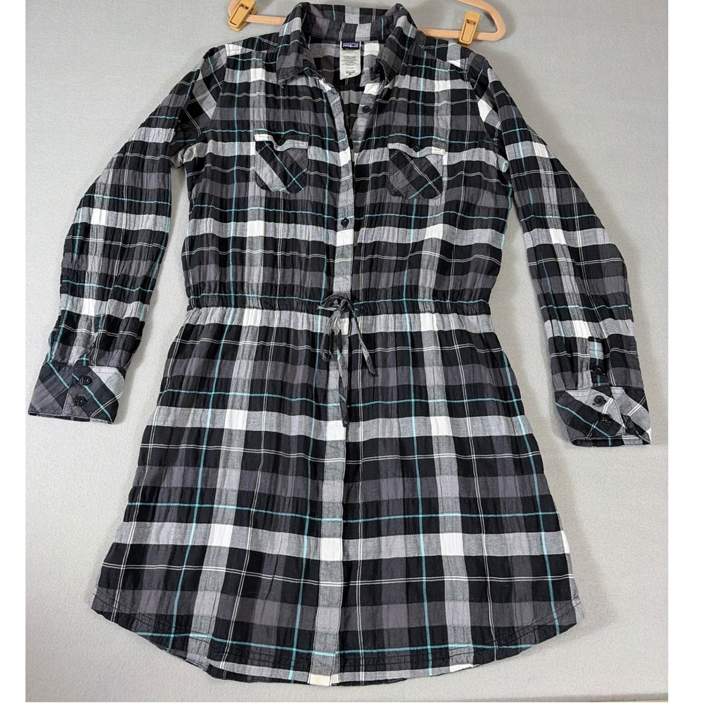 Patagonia‎ Womens Black Grey Plaid Flannel Shirt Dress Drawstring Waist 58975 M